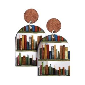 Library Bookshelf Wooden Half Moon Semi Circle Shape Earrings School Teacher